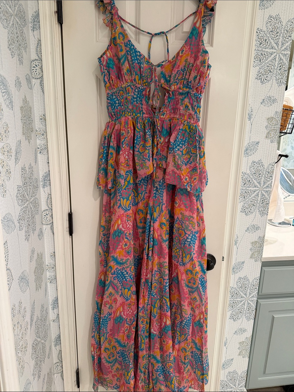 Anthropologie Pink & Blue Floral Paisley Jumpsuit